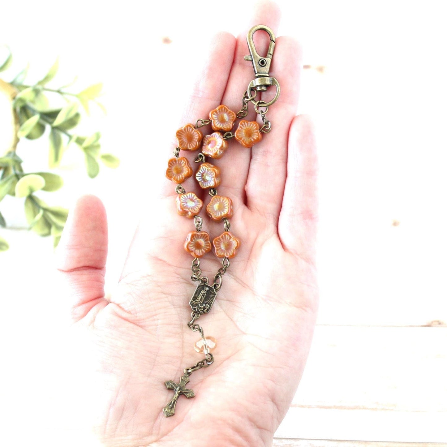 Flower Glass Bead Rosary Keychain