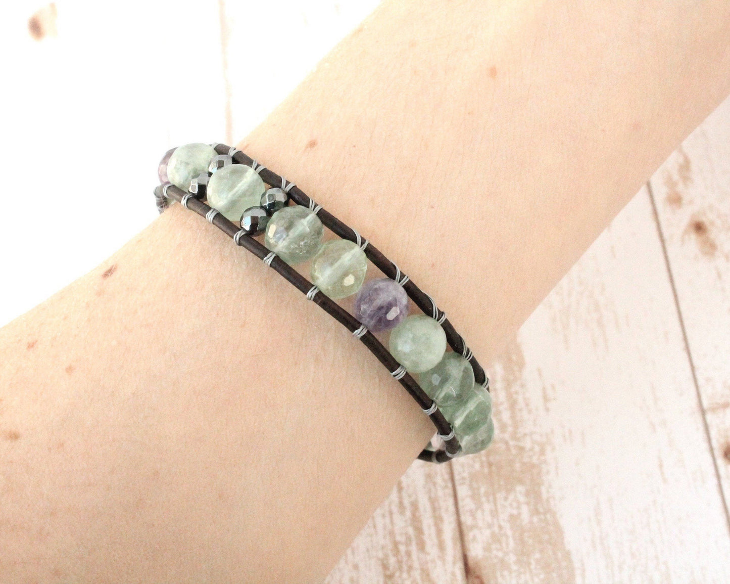 Fluorite Leather Rosary Bracelet