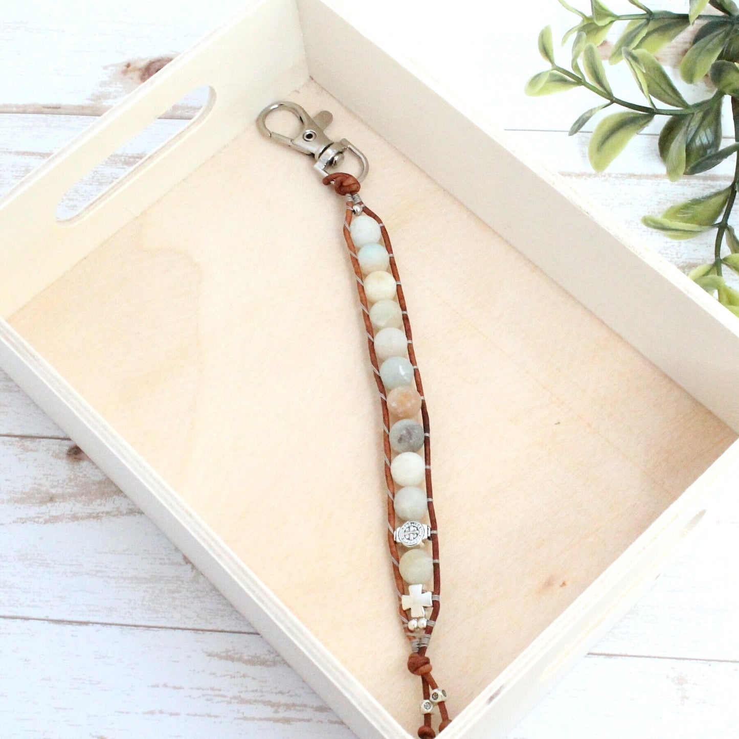 Amazonite Leather Rosary Keychain