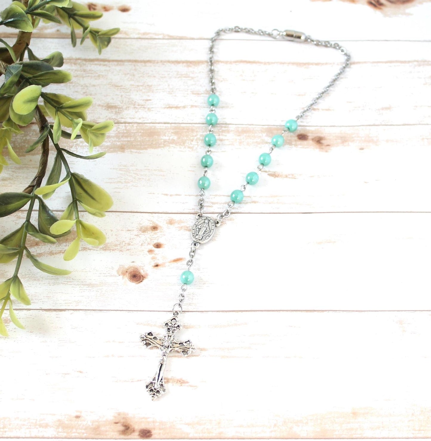 Teal Glass Bead Magnetic Car Rosary