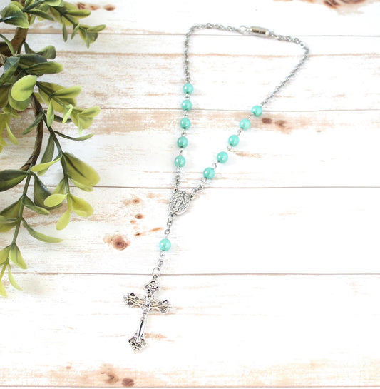 Teal Glass Bead Magnetic Car Rosary