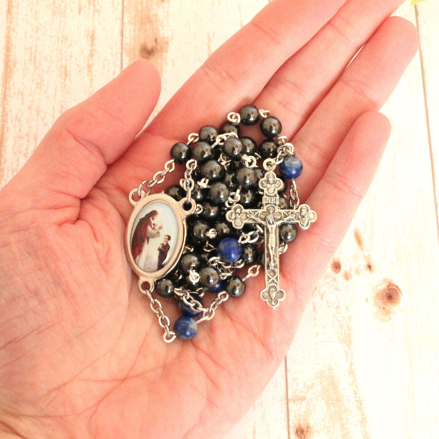 Hematite and Lapis Lazuli First Communion Rosary