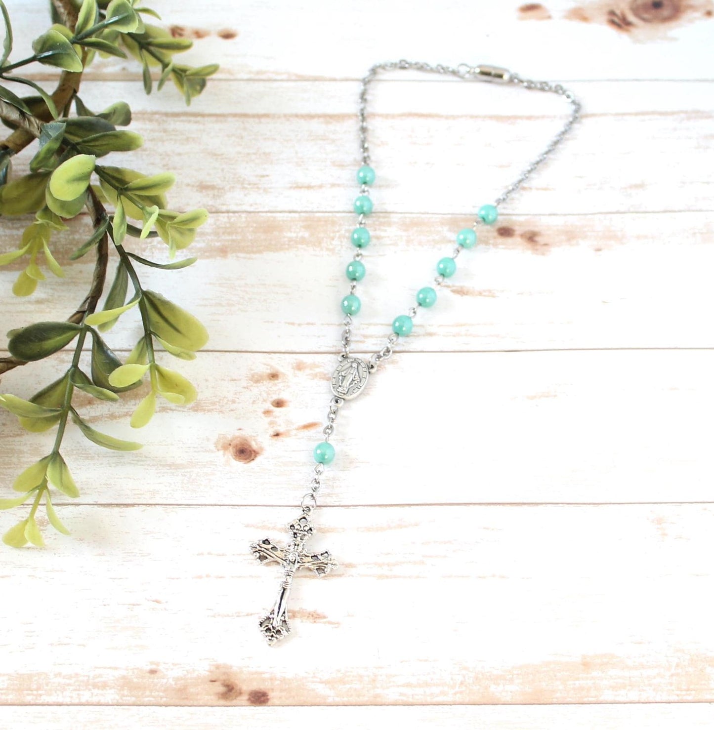 Teal Glass Bead Magnetic Car Rosary