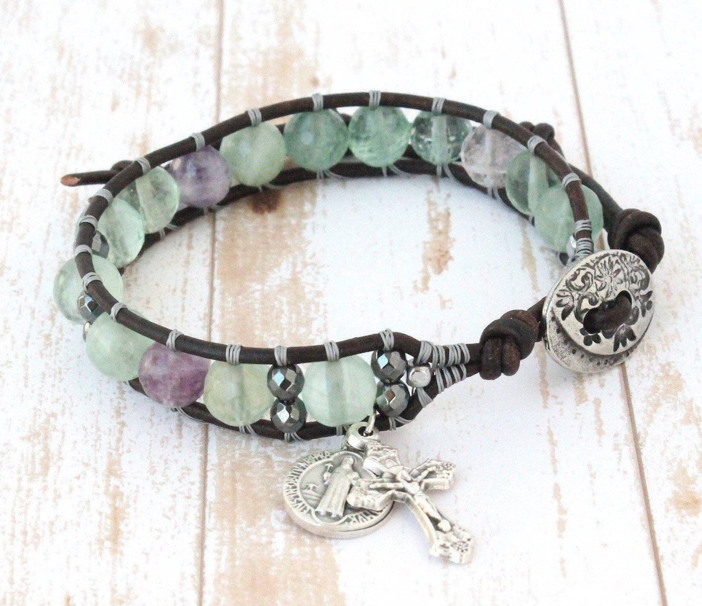Fluorite Leather Rosary Bracelet