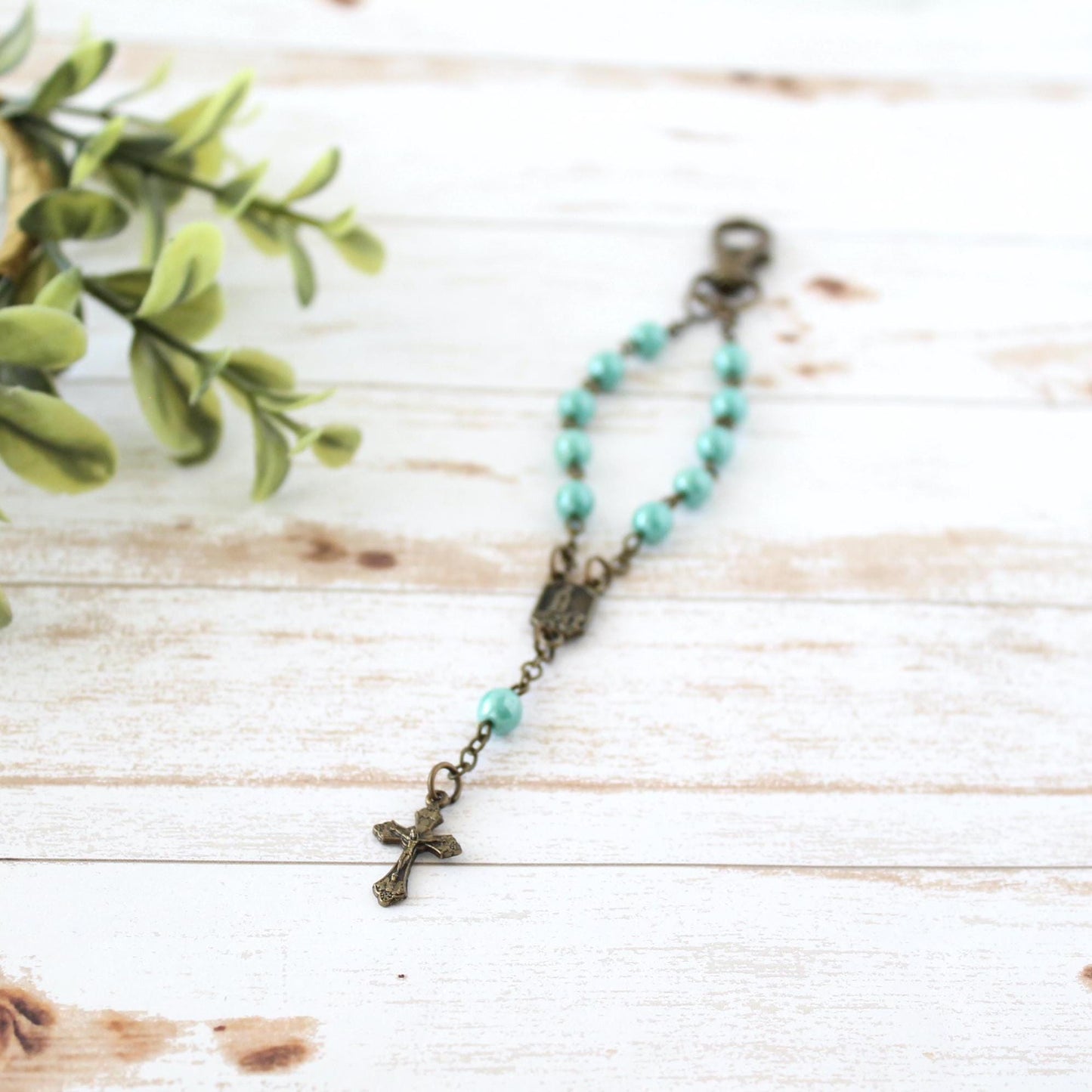 Teal Glass Bead Rosary Keychain