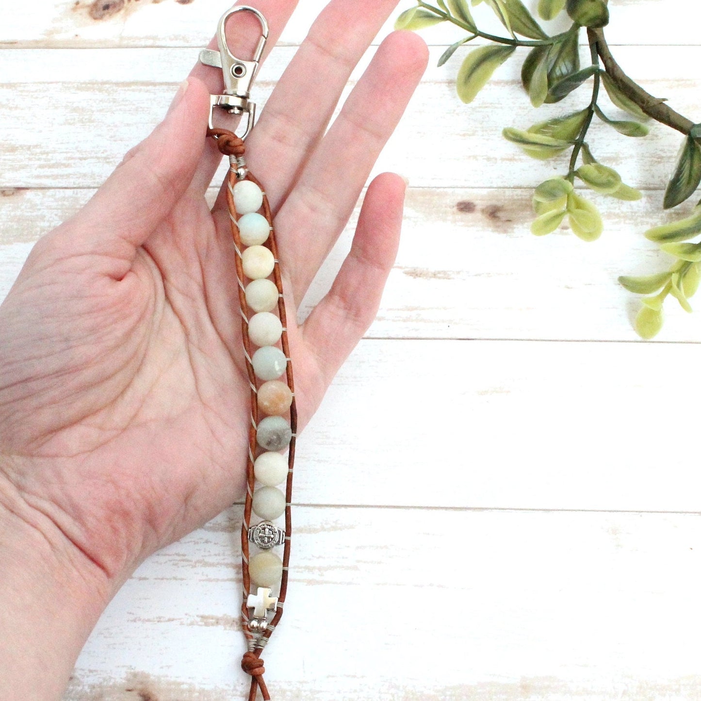 Amazonite Leather Rosary Keychain