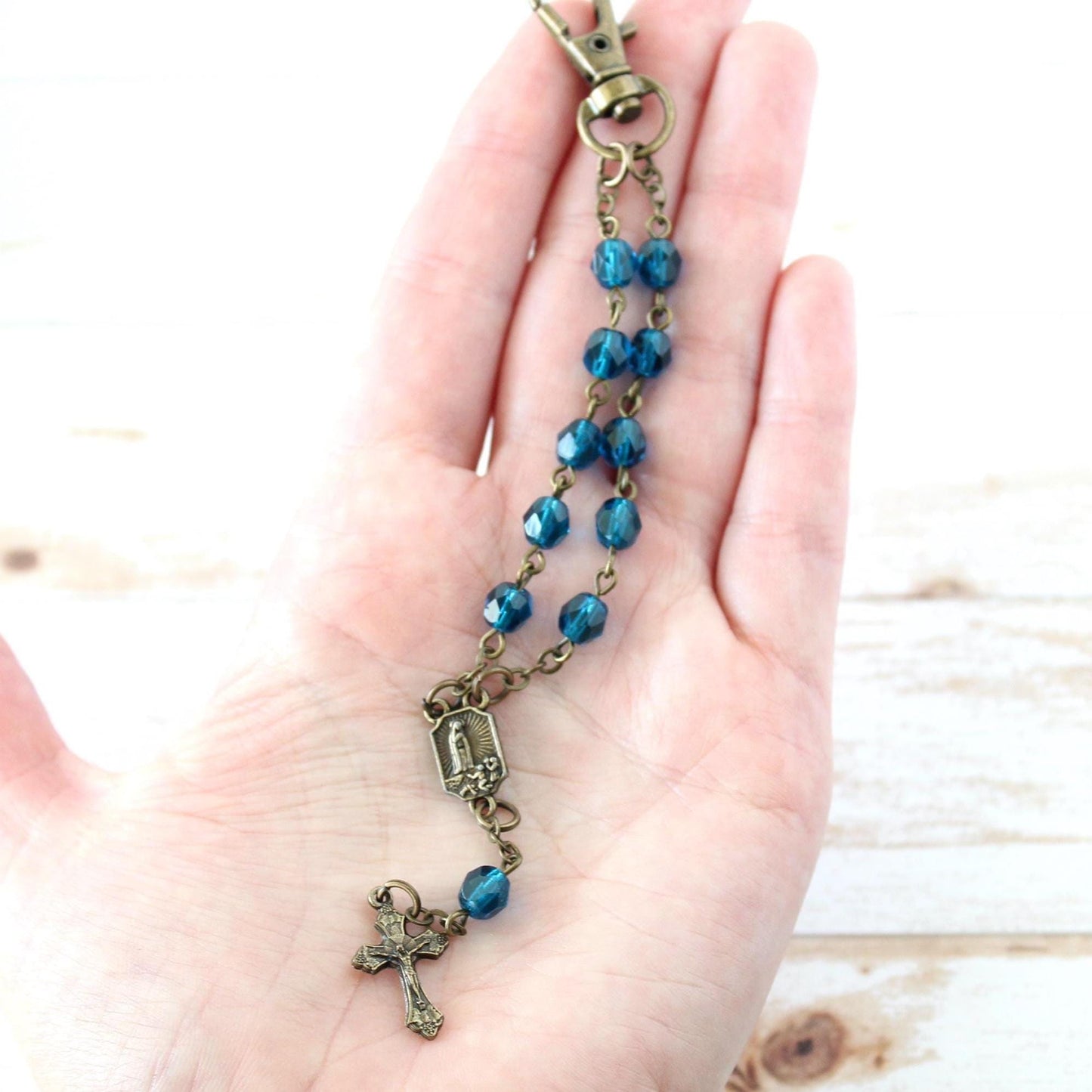 Blue Glass Bead Rosary Keychain