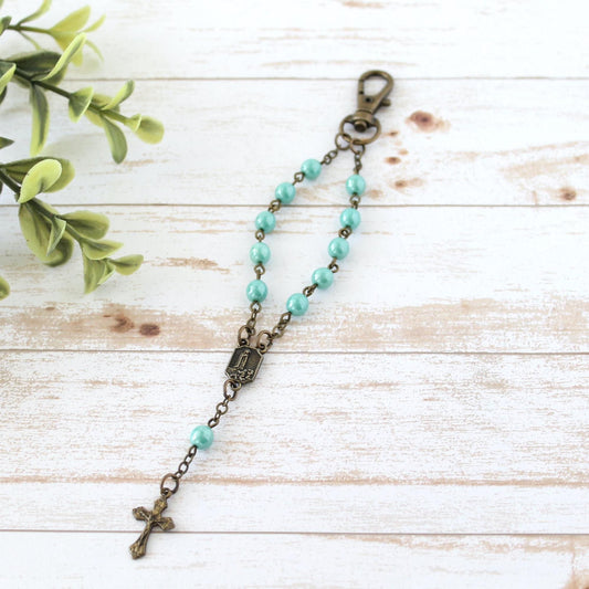 Teal Glass Bead Rosary Keychain