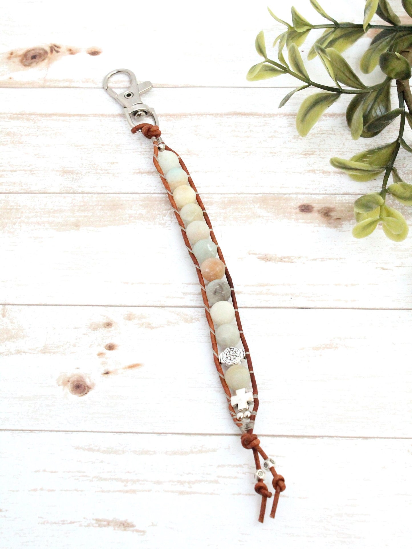 Amazonite Leather Rosary Keychain