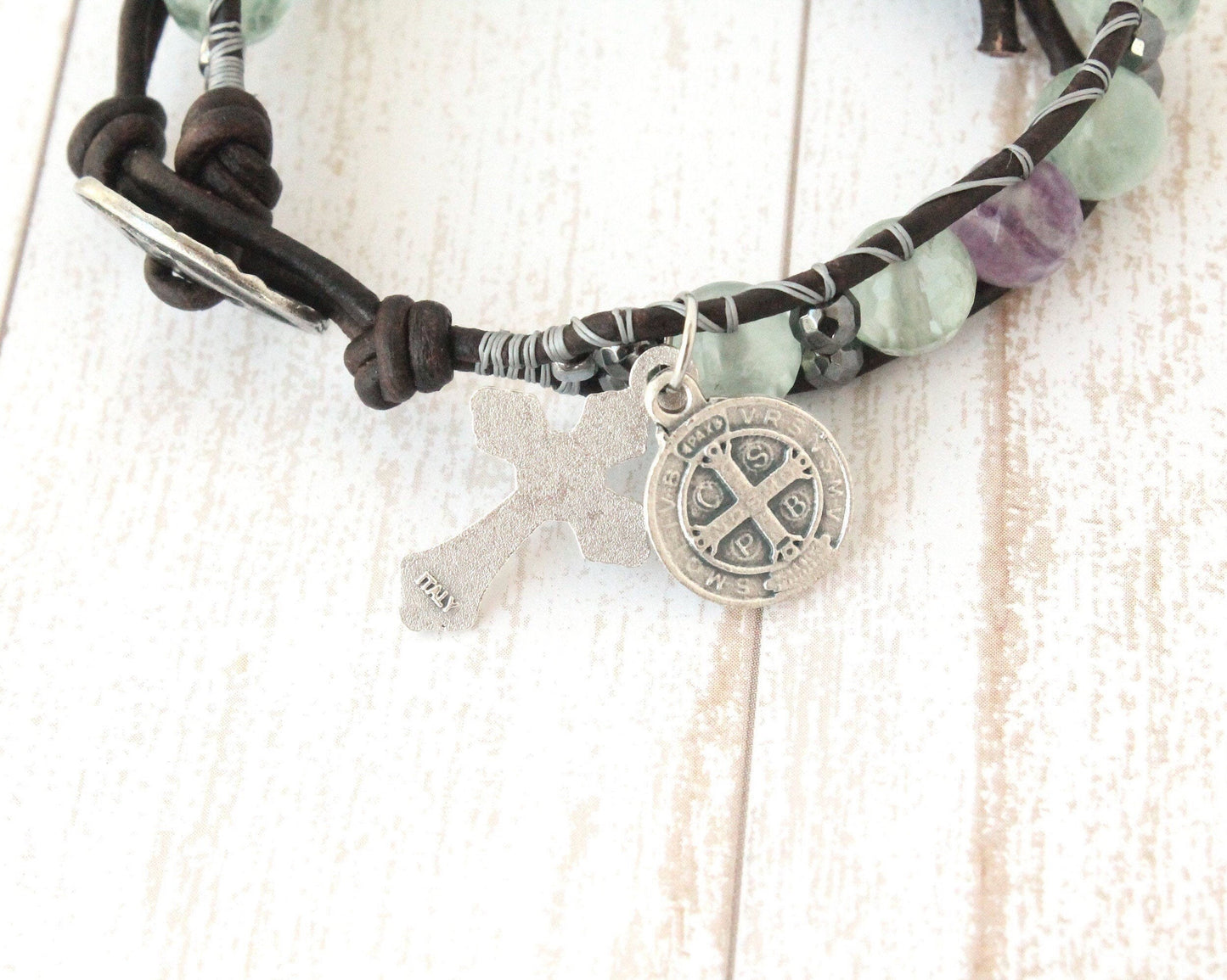 Fluorite Leather Rosary Bracelet
