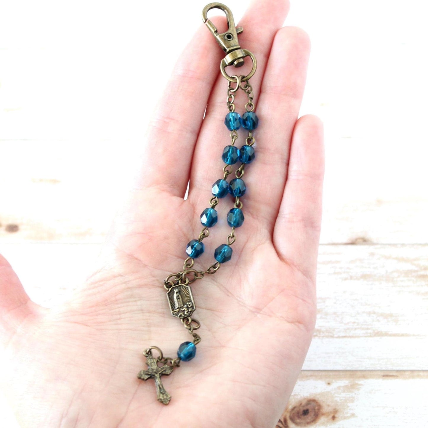 Blue Glass Bead Rosary Keychain