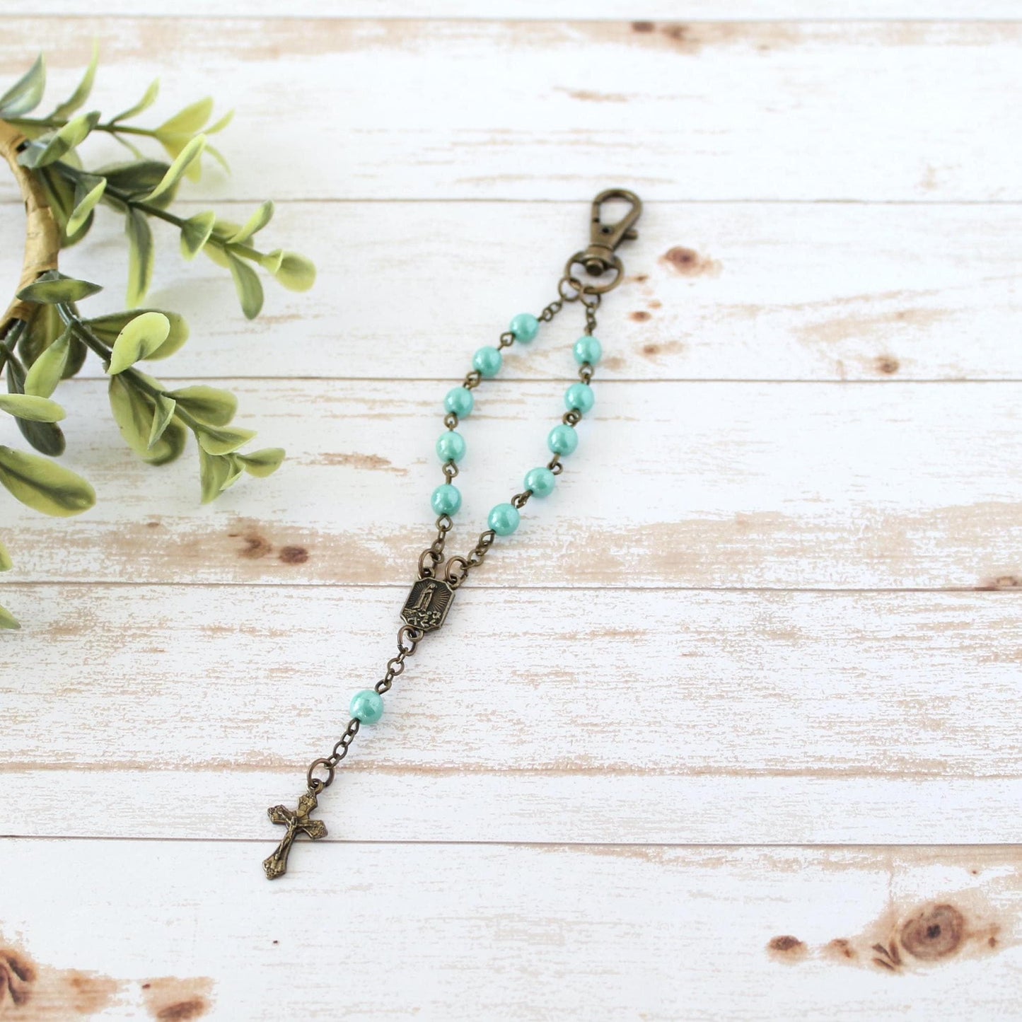 Teal Glass Bead Rosary Keychain