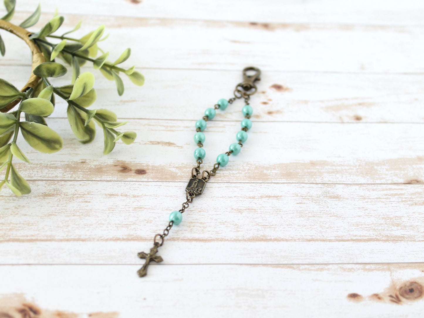Teal Glass Bead Rosary Keychain