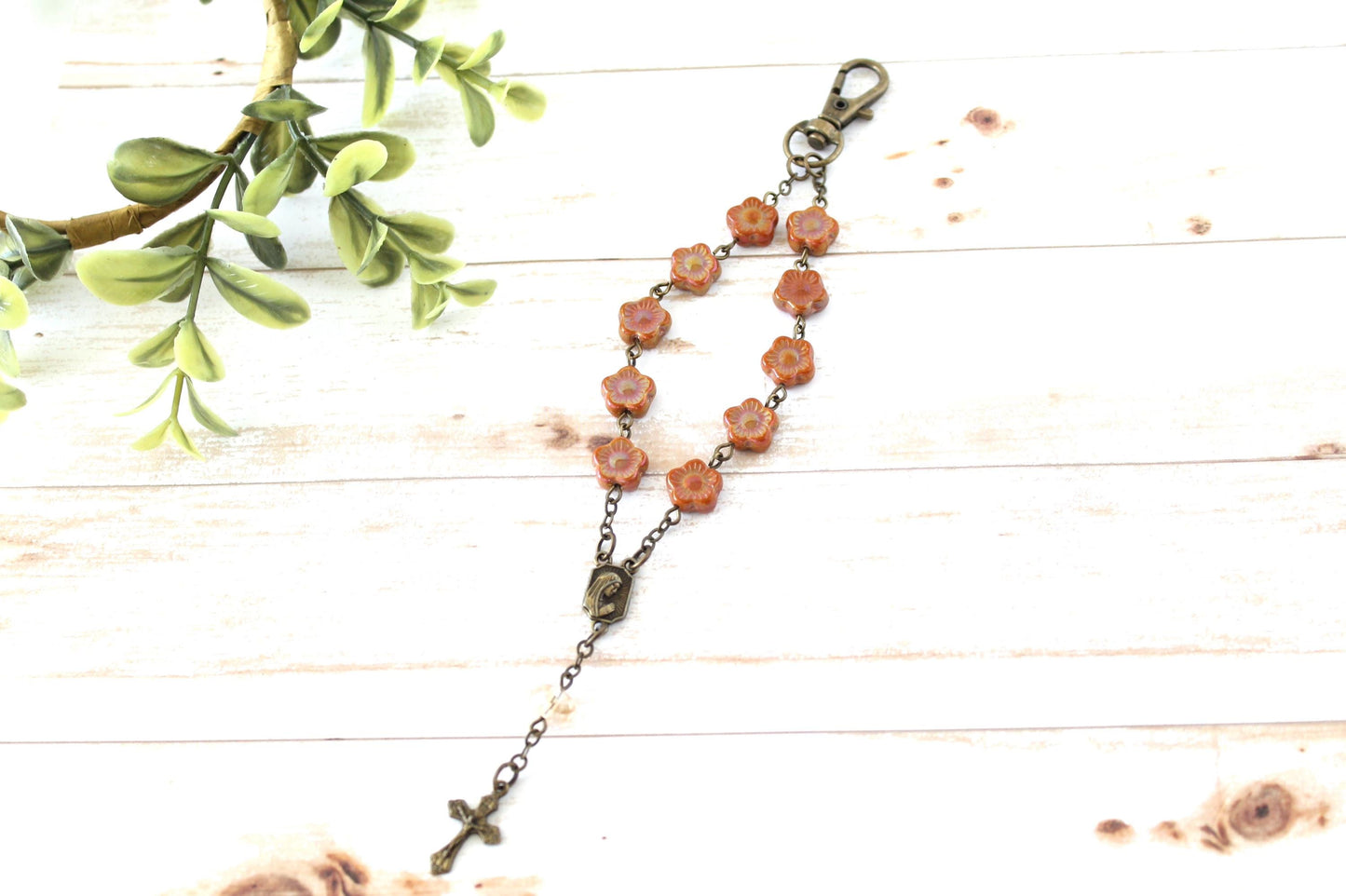 Flower Glass Bead Rosary Keychain