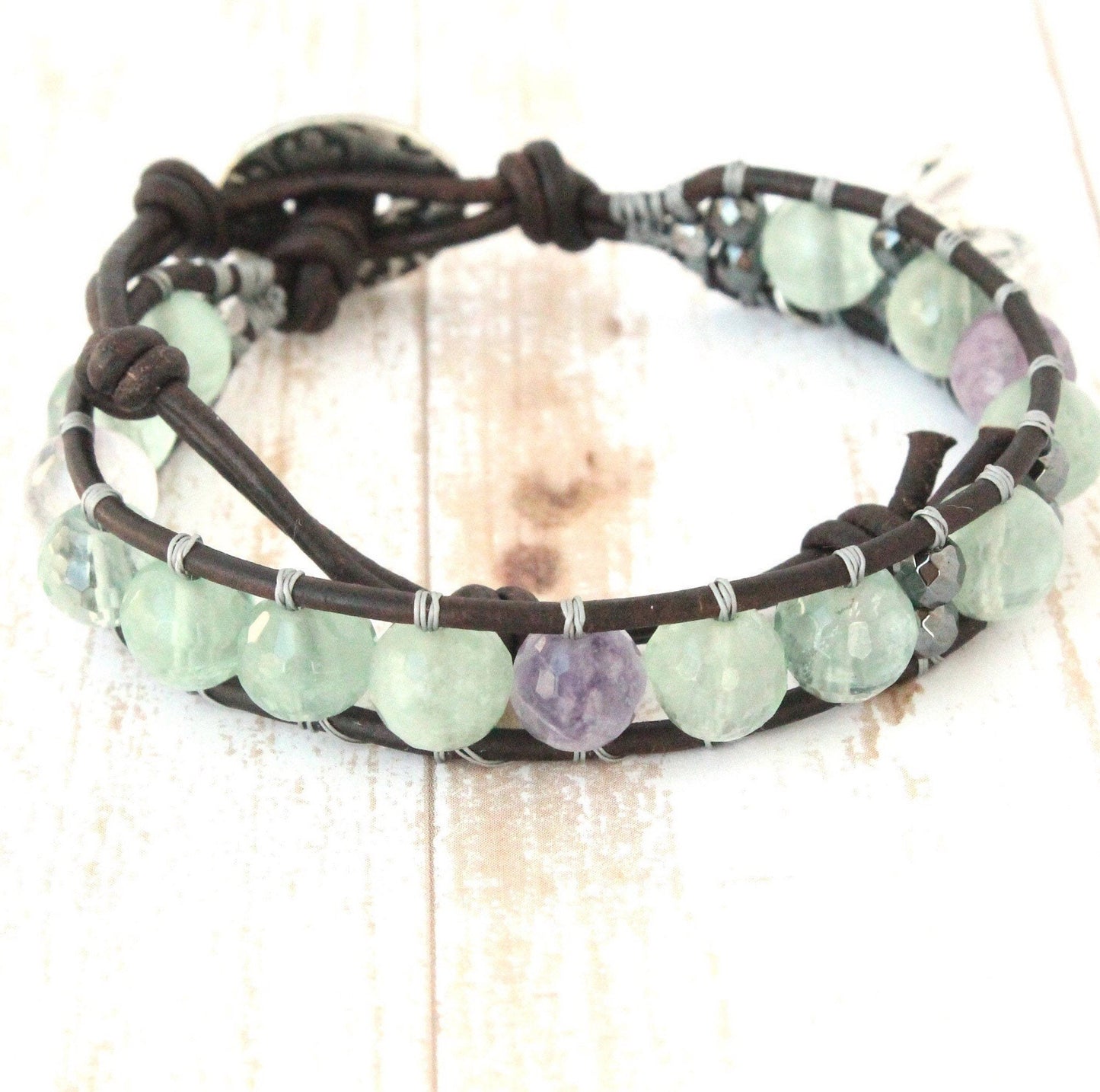 Fluorite Leather Rosary Bracelet