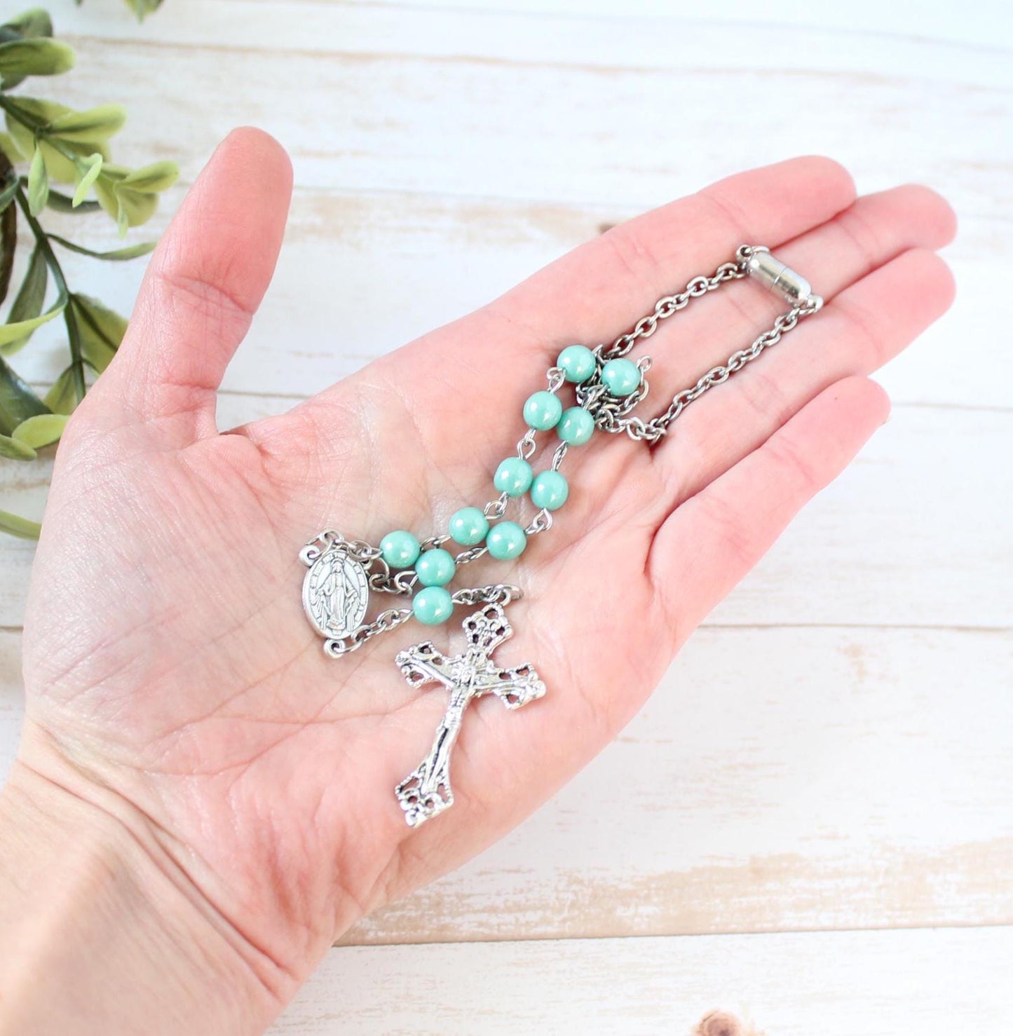 Teal Glass Bead Magnetic Car Rosary
