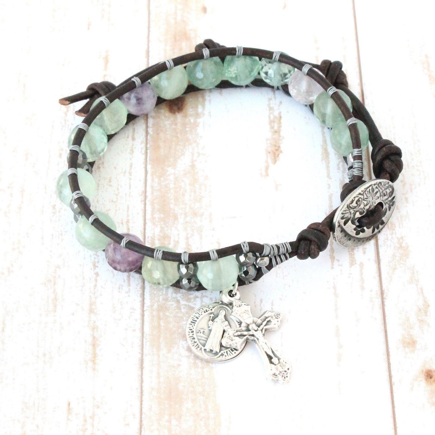 Fluorite Leather Rosary Bracelet