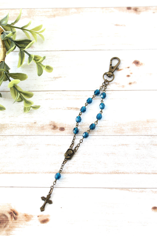 Blue Glass Bead Rosary Keychain
