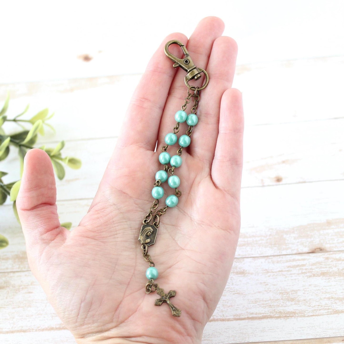 Teal Glass Bead Rosary Keychain