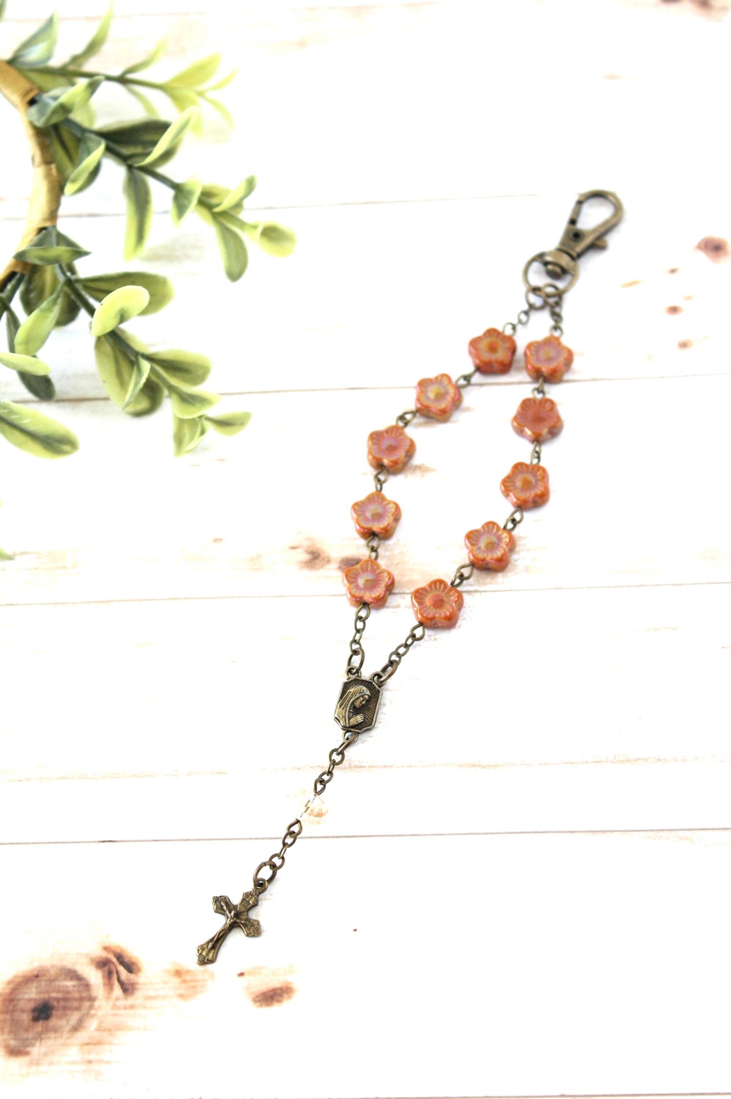 Flower Glass Bead Rosary Keychain
