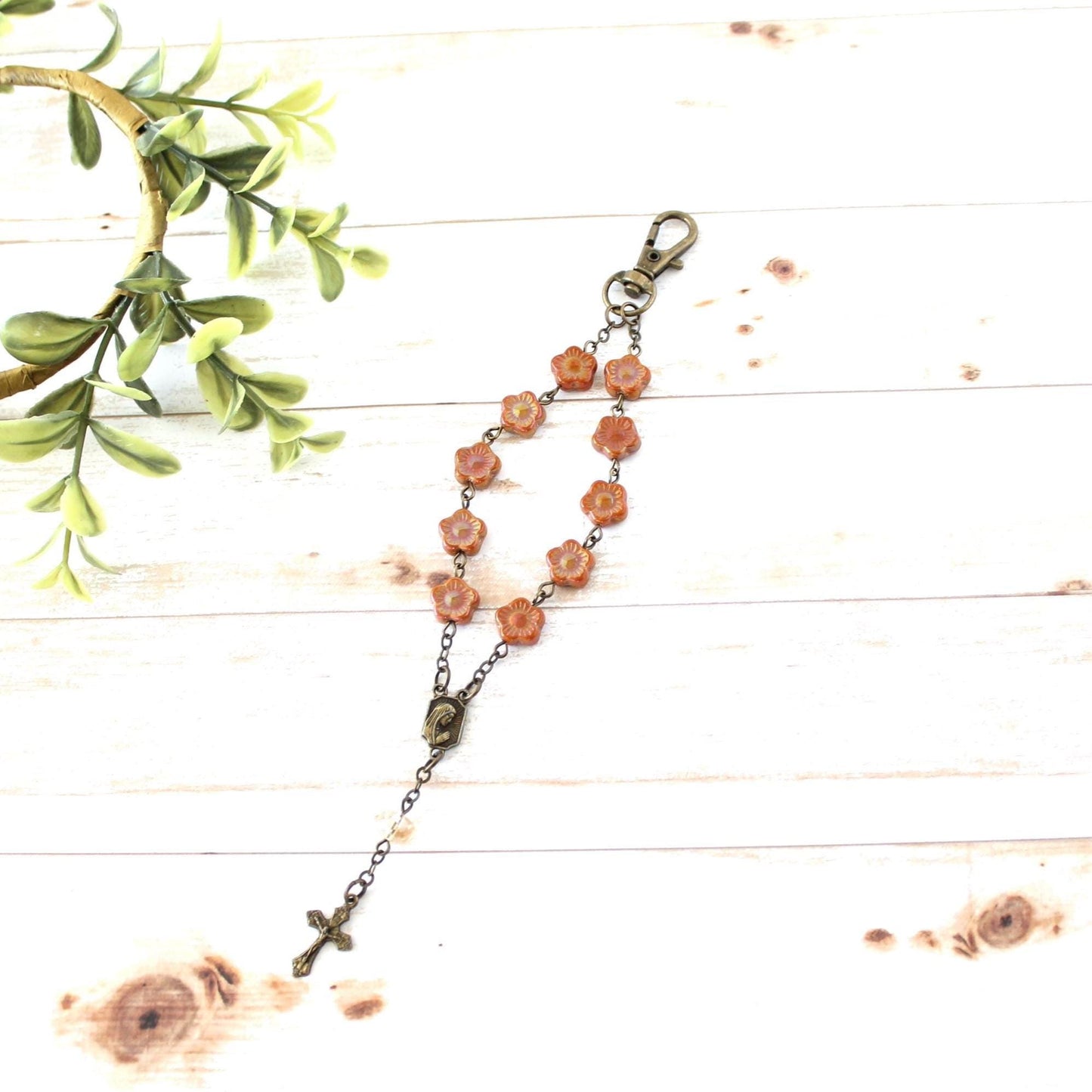 Flower Glass Bead Rosary Keychain