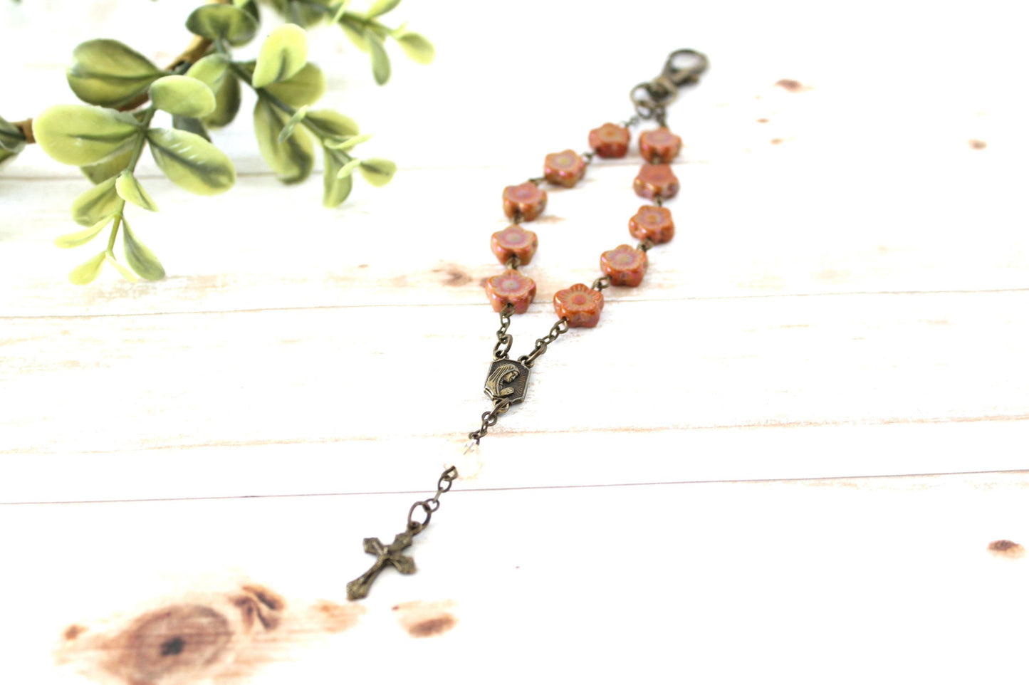 Flower Glass Bead Rosary Keychain