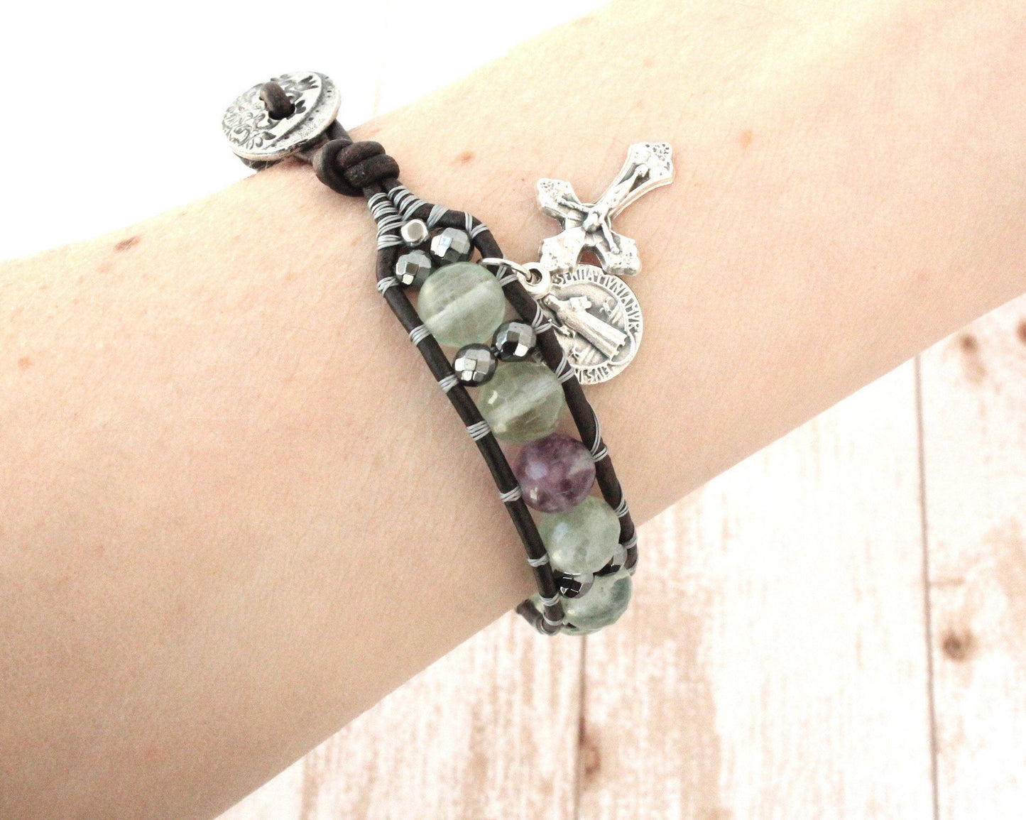 Fluorite Leather Rosary Bracelet