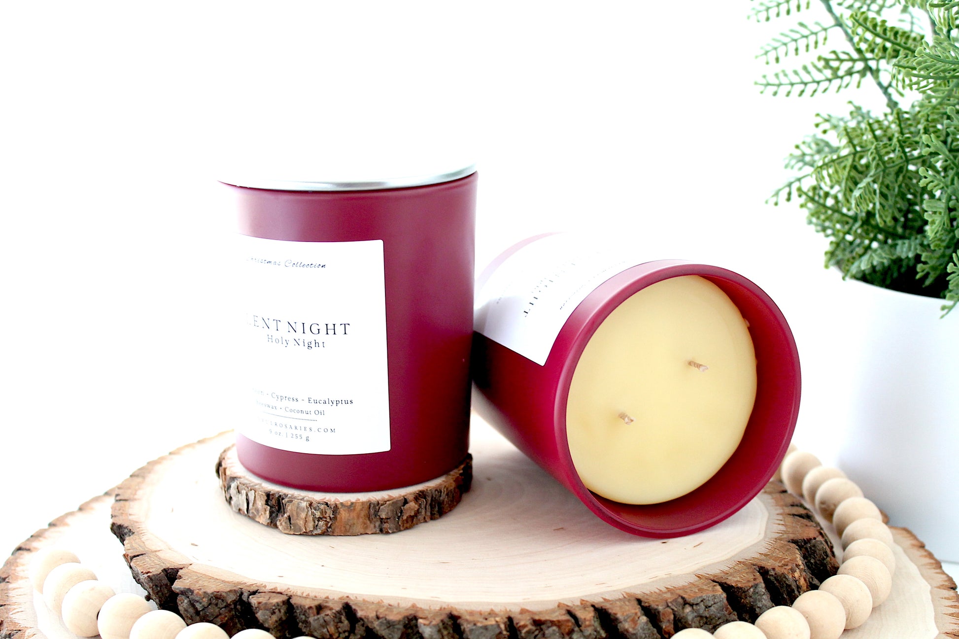 Two red candles on a wooden surface with a plant in the background