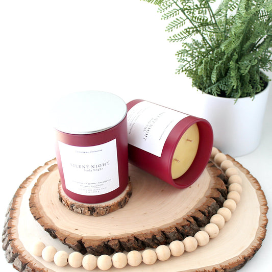 Two red candles on a wooden coaster with a plant in the background
