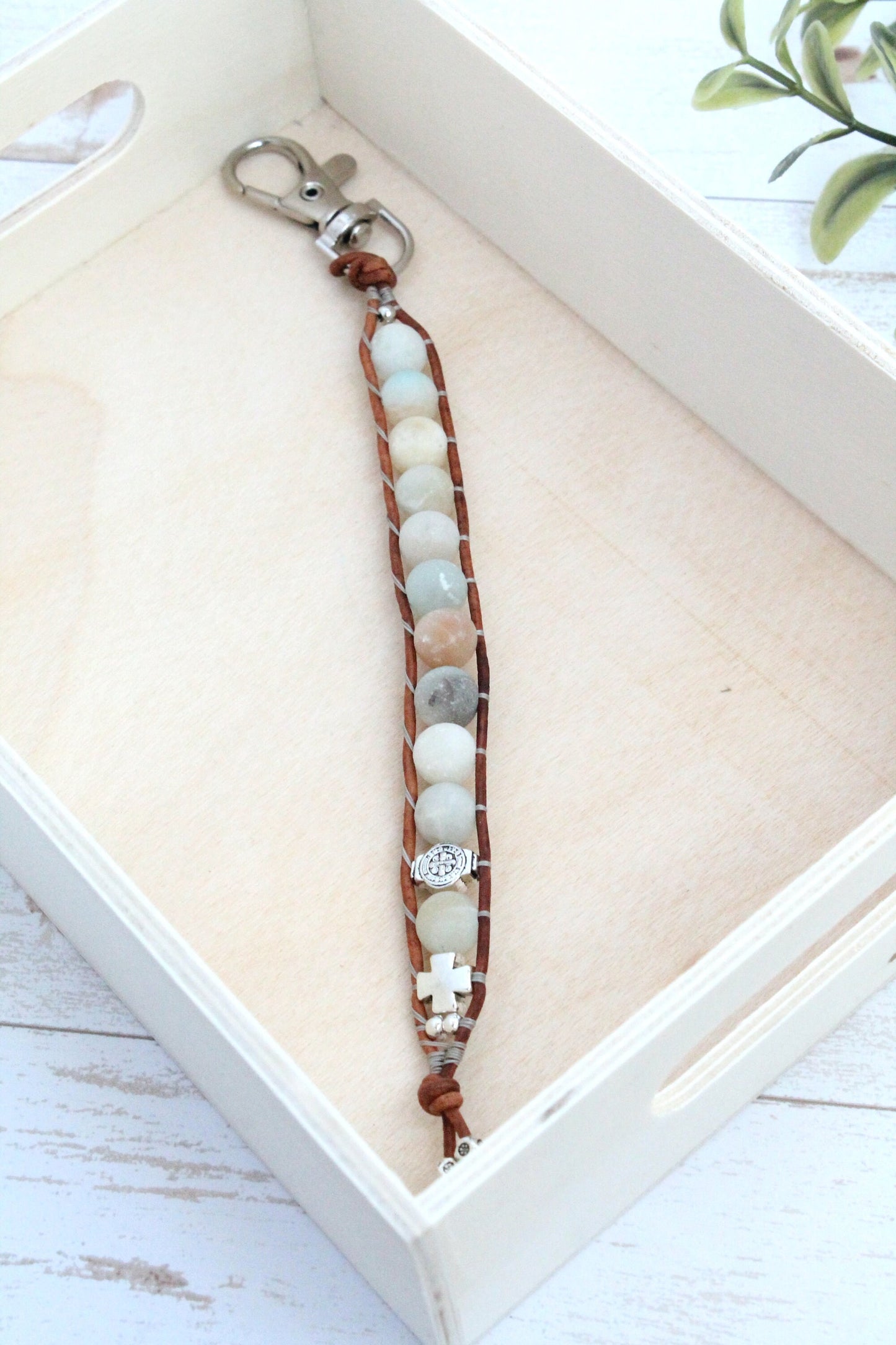 Amazonite Leather Rosary Keychain