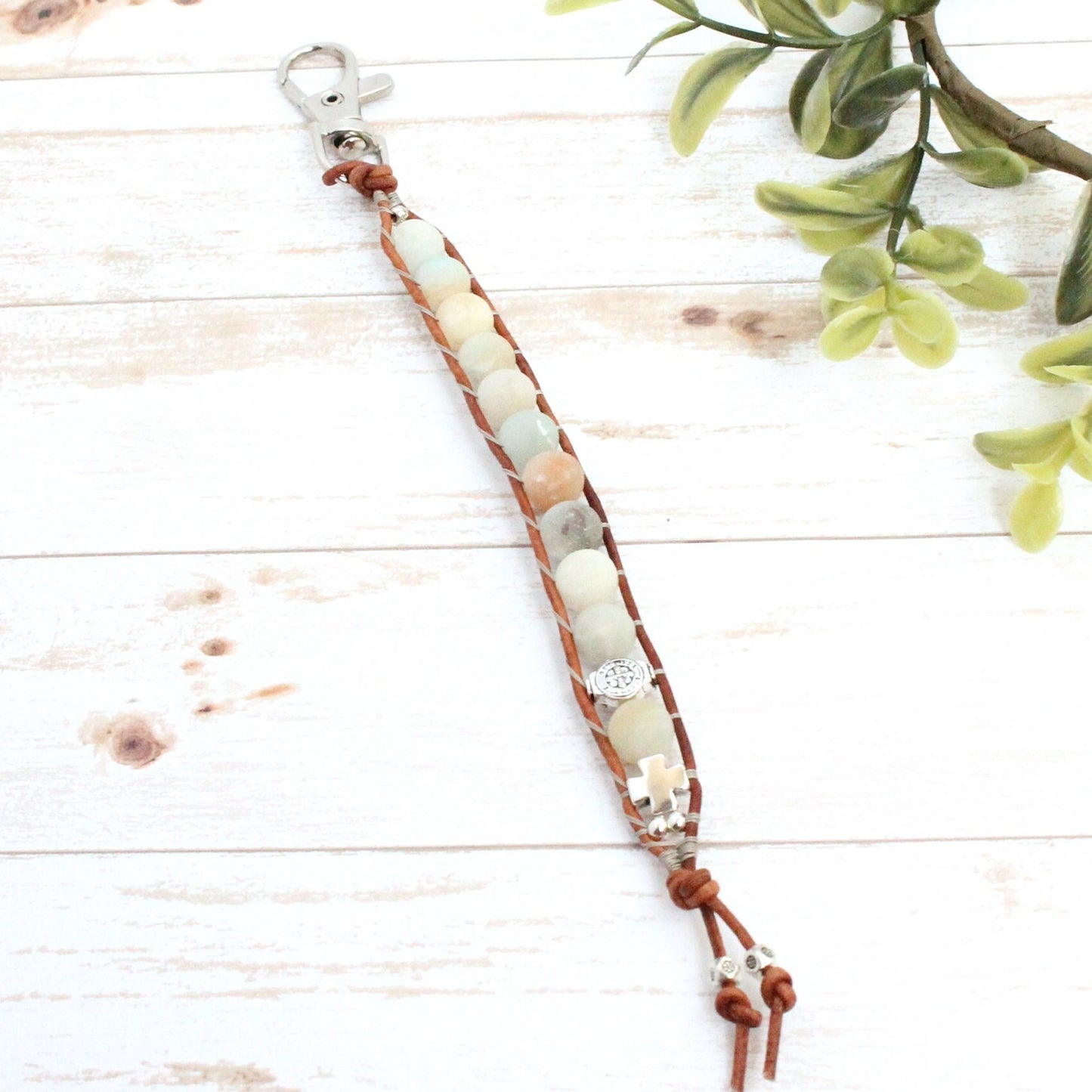 Amazonite Leather Rosary Keychain