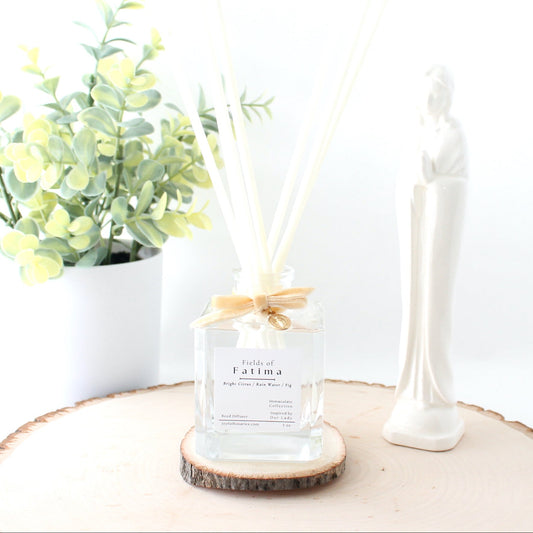 reed diffuser with mary statue and plant in background