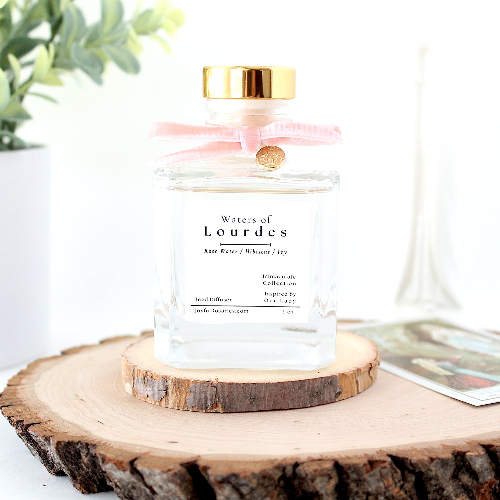 Reed diffuser bottle labeled 'Waters of Lourdes' on a wooden platform with a plant in the background